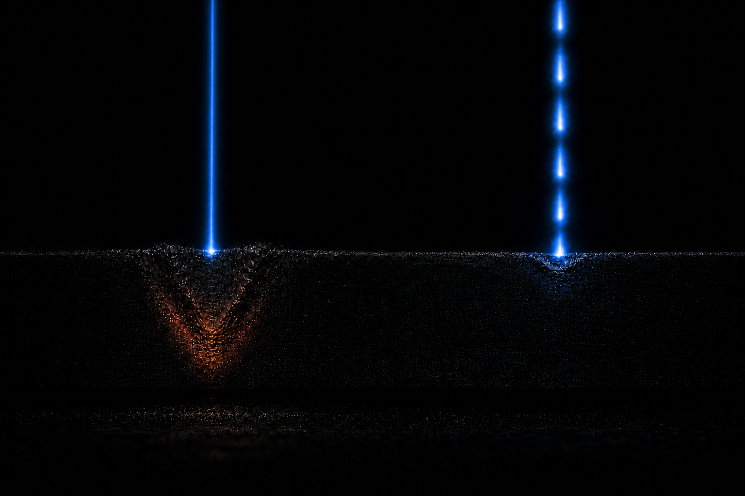 Laser-process comparison with identical focused beam geometry: continuous laser input on the left and modulated ON/OFF pulse input on the right.